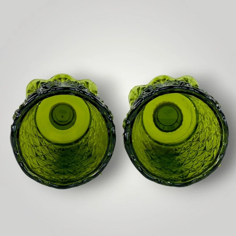 HOMCO Avocado Green Glass Votive Candle Holders Daisy Button Pair 1970s